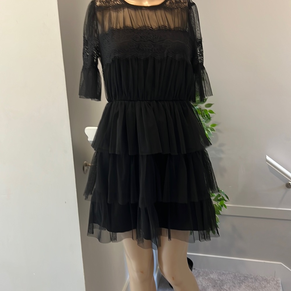 Black Women's Sheer Tiered-ruffle Dress